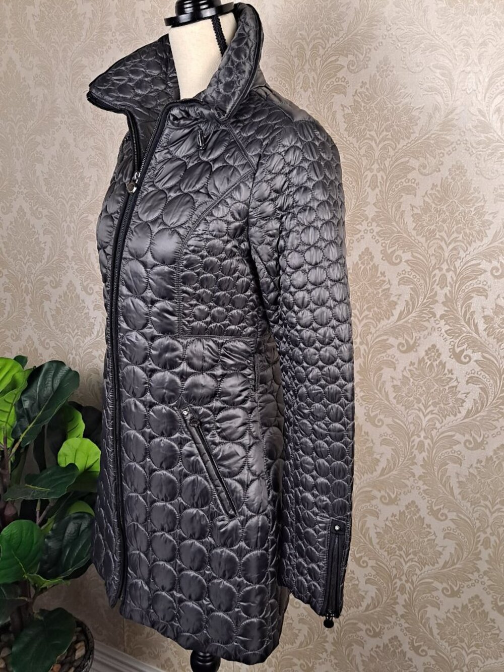 Laundry by Shelli Segal Size Small Black Puffer Coat Mid-Length Zip Front Pocket - Picture 7 of 15